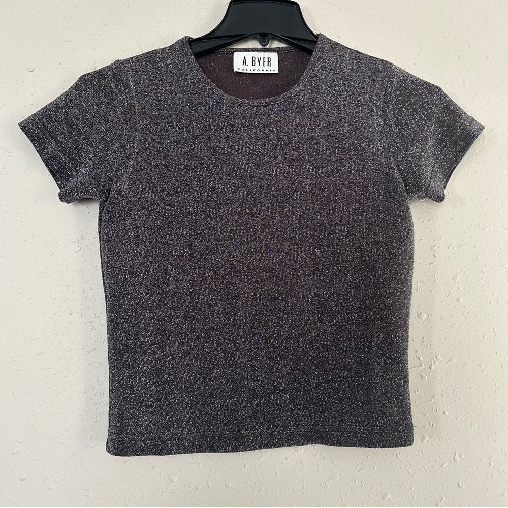 Vintage A. Byer Metallic Silver Short Sleeve Blouse Party Sparkle Large